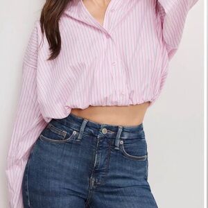 Good American pink Bubble Hem Crop Poplin Button-Up Shirt